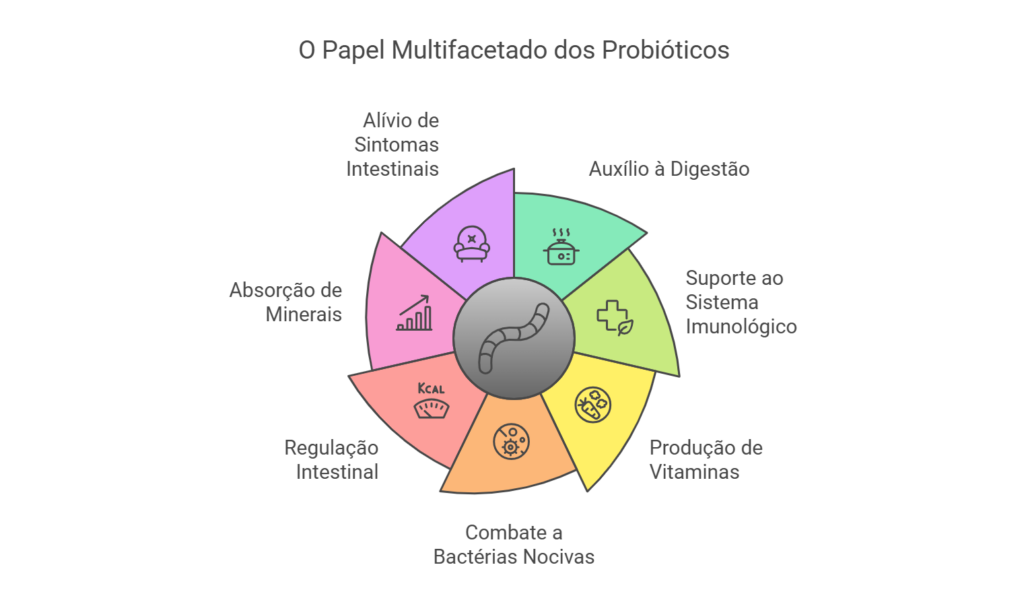 ilustração divertida e didática mostrando as principais funções dos probióticos no intestino